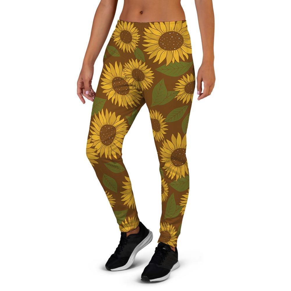 Brown Sunflower Print Women's Joggers-grizzshop