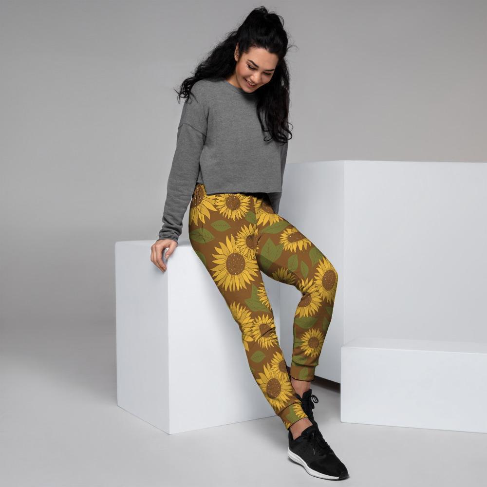 Brown Sunflower Print Women's Joggers-grizzshop