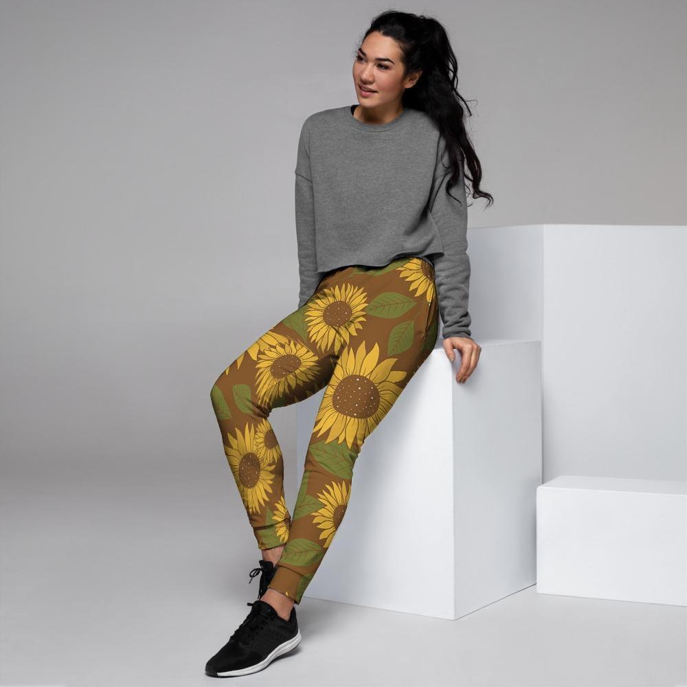 Brown Sunflower Print Women's Joggers-grizzshop