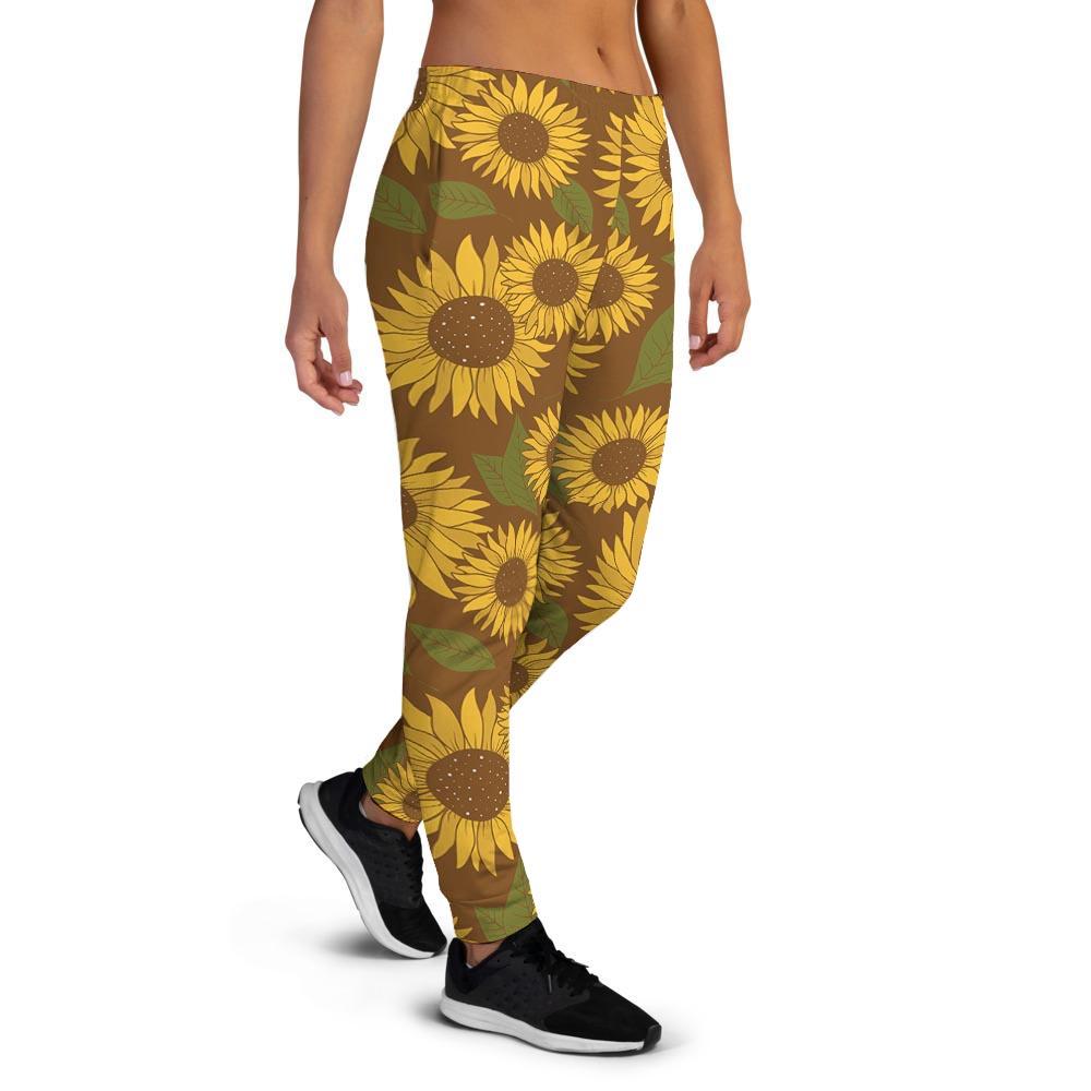 Brown Sunflower Print Women's Joggers-grizzshop