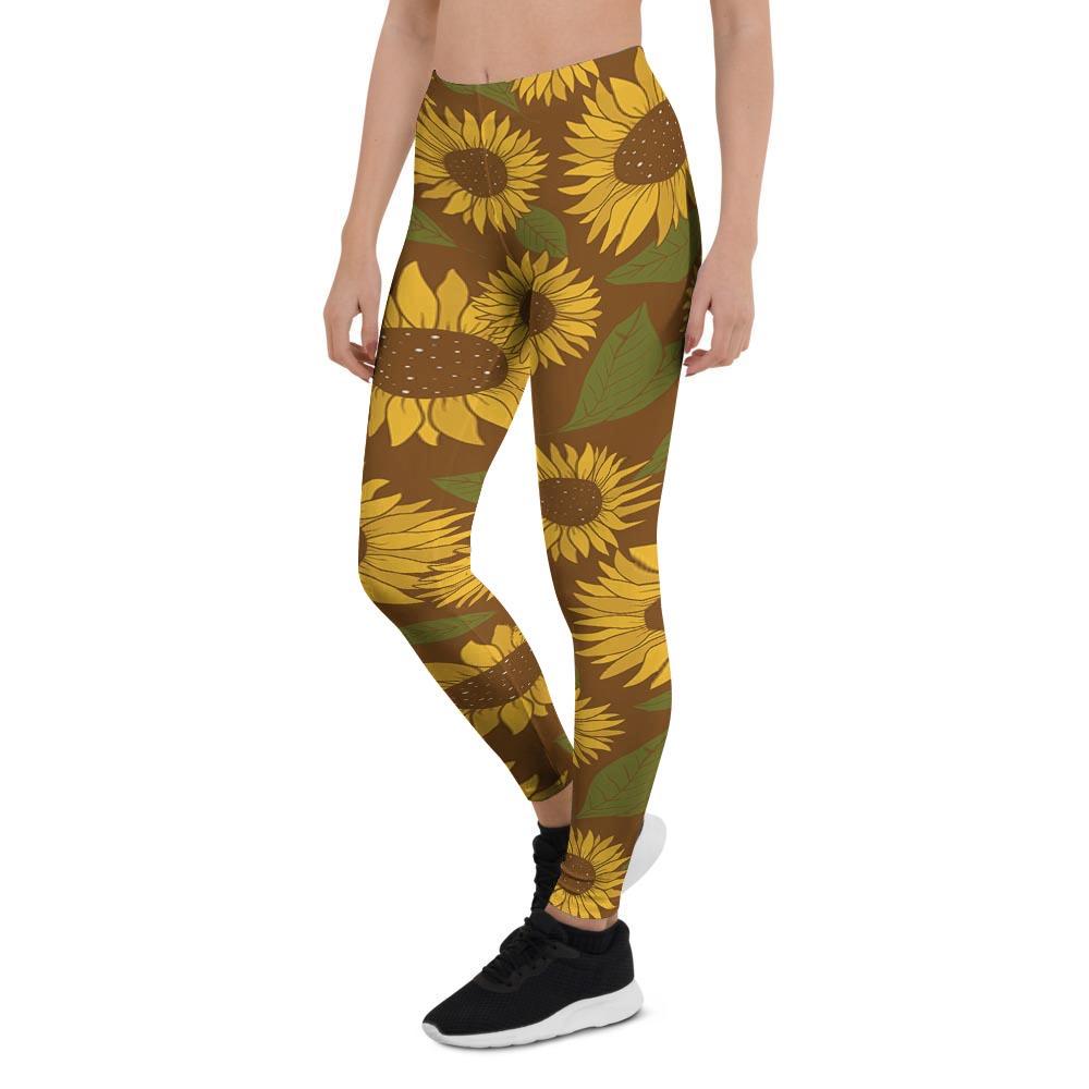 Brown Sunflower Print Women's Leggings-grizzshop