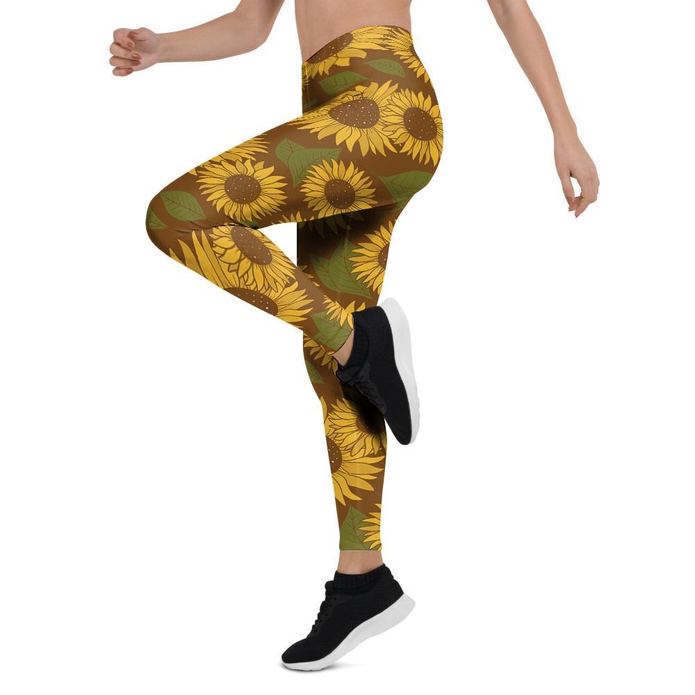 Brown Sunflower Print Women's Leggings-grizzshop