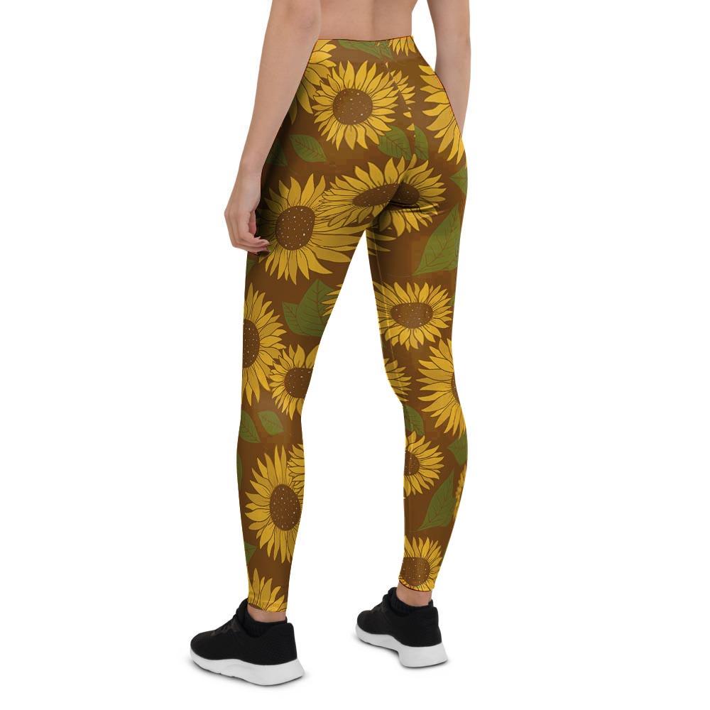 Brown Sunflower Print Women's Leggings-grizzshop