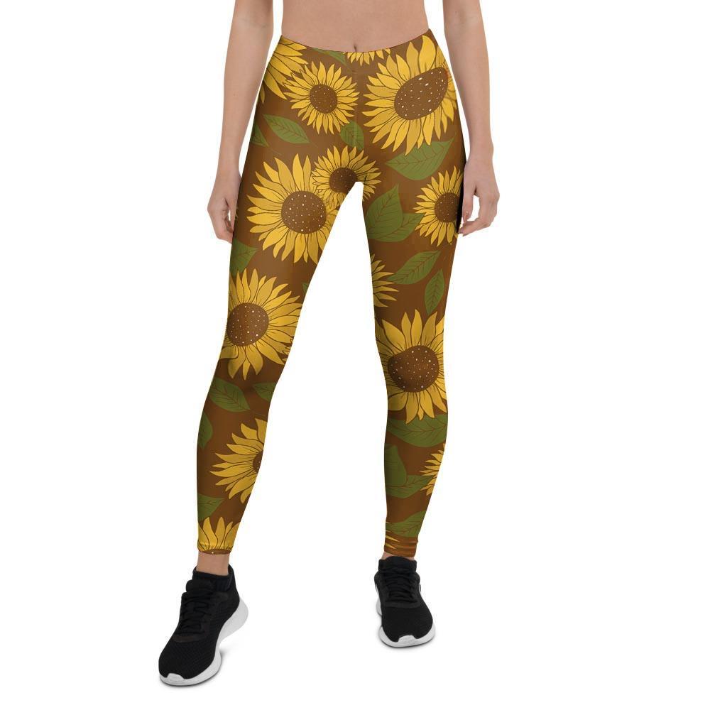 Brown Sunflower Print Women's Leggings-grizzshop