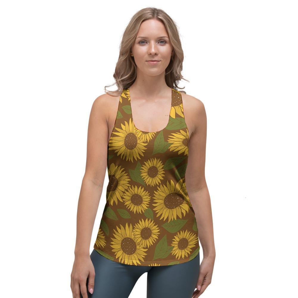 Brown Sunflower Print Women's Racerback Tank Top-grizzshop