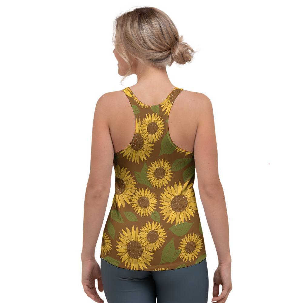 Brown Sunflower Print Women's Racerback Tank Top-grizzshop