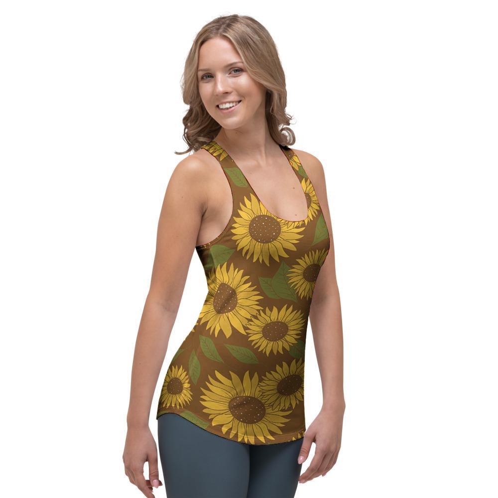 Brown Sunflower Print Women's Racerback Tank Top-grizzshop