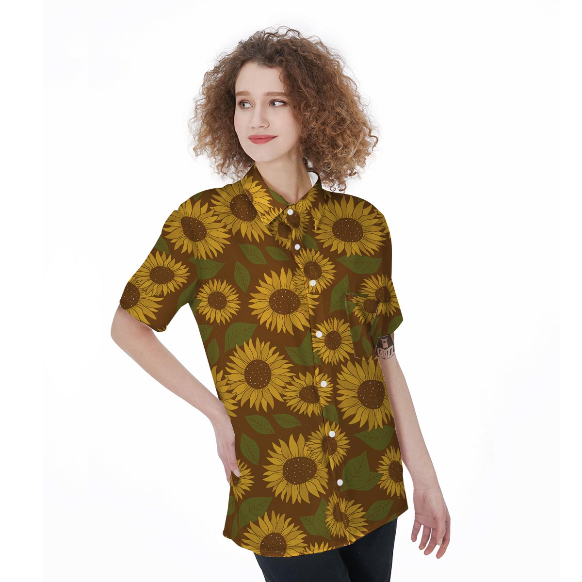 Brown Sunflower Print Women's Short Sleeve Shirts-grizzshop