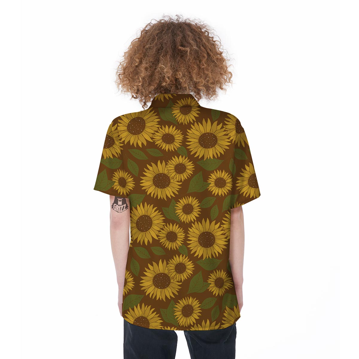 Brown Sunflower Print Women's Short Sleeve Shirts-grizzshop