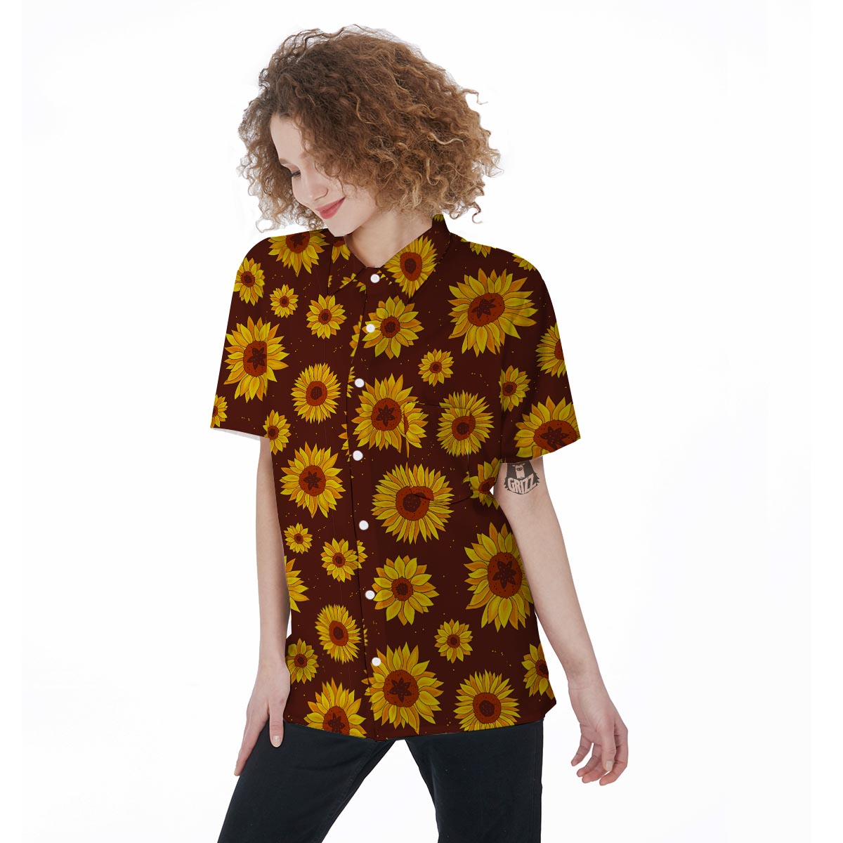 Brown Sunflower Women's Short Sleeve Shirts-grizzshop