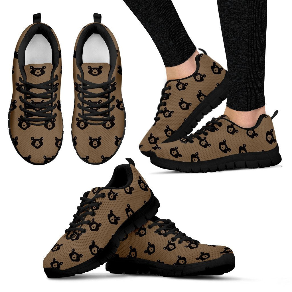 Brown Teddy Bear Pattern Print Black Sneaker Shoes For Men Women-grizzshop