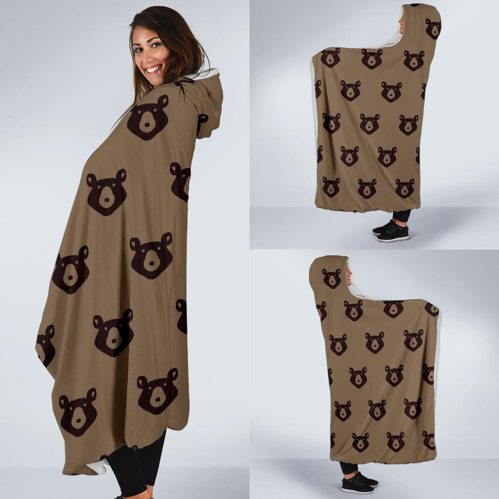 Brown Teddy Bear Pattern Print Hooded Blanket-grizzshop