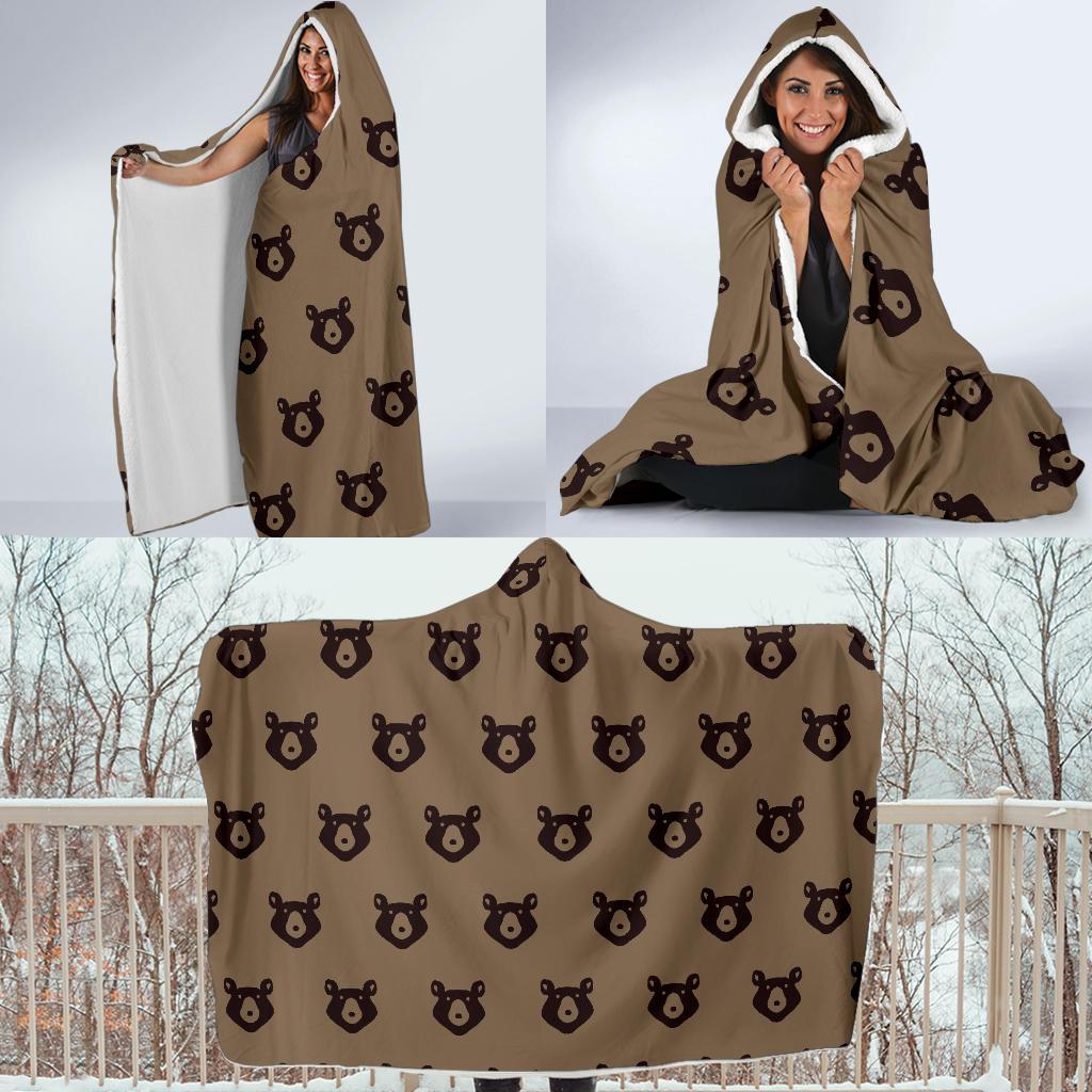 Brown Teddy Bear Pattern Print Hooded Blanket-grizzshop