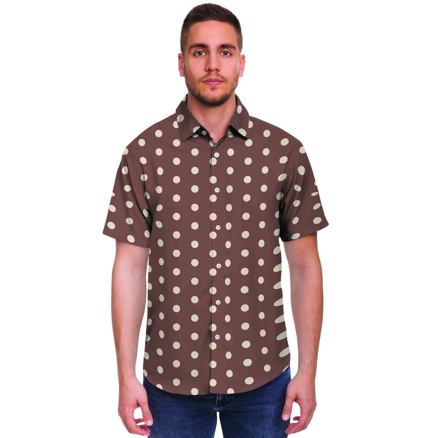 Brown Tiny Polka Dot Men's Short Sleeve Shirt-grizzshop