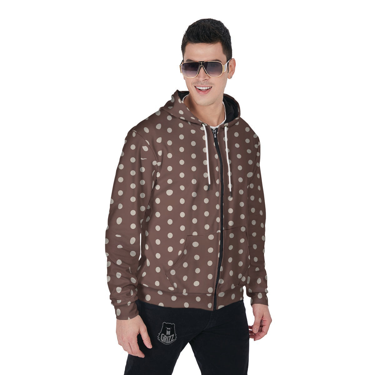 Brown Tiny Polka Dot Men's Zip Up Hoodie-grizzshop