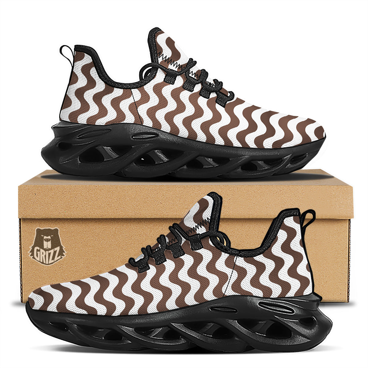 Brown Wave Striped Print Black Running Shoes-grizzshop