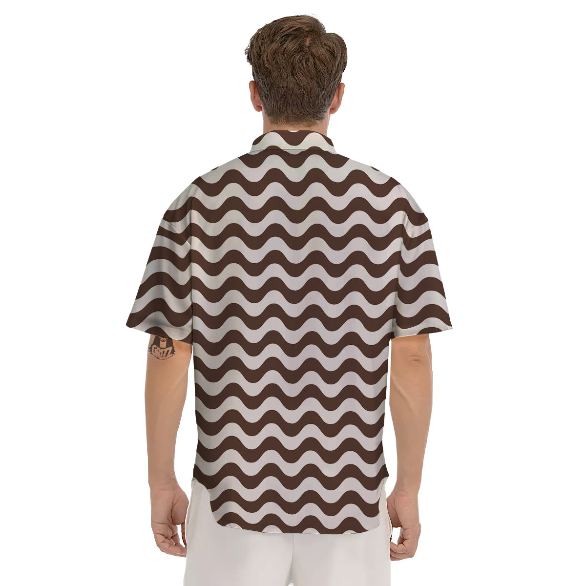 Brown Wave Striped Print Men's Short Sleeve Shirts-grizzshop