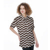 Brown Wave Striped Print Women's Short Sleeve Shirts-grizzshop