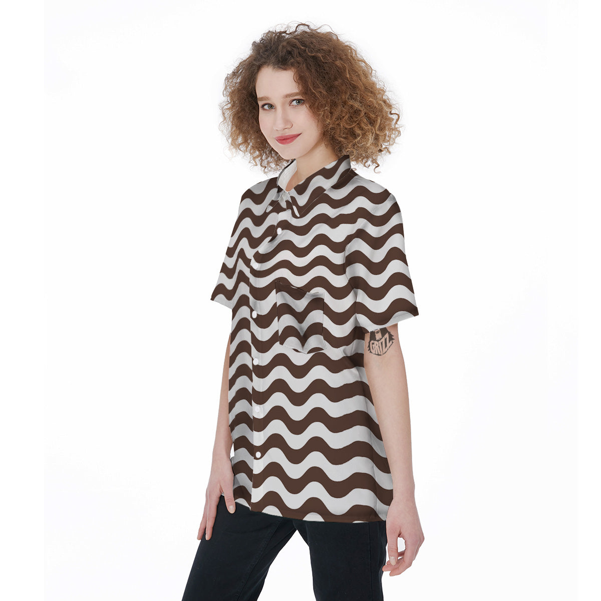 Brown Wave Striped Print Women's Short Sleeve Shirts-grizzshop