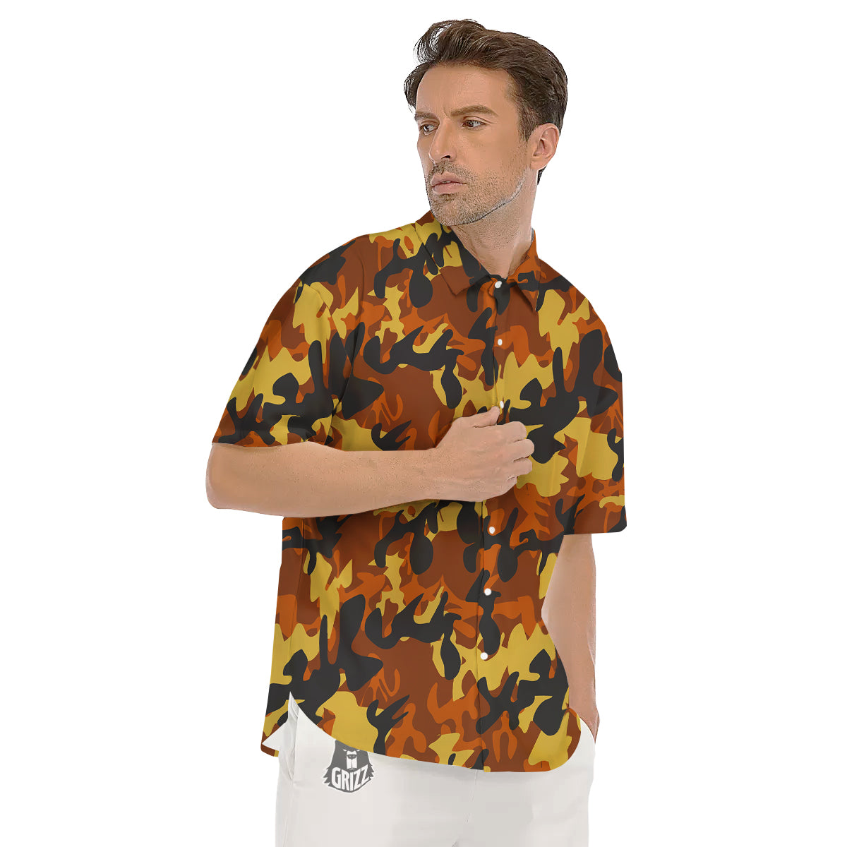 Brown Yellow And Black Camouflage Print Pattern Men's Short Sleeve Shirts-grizzshop