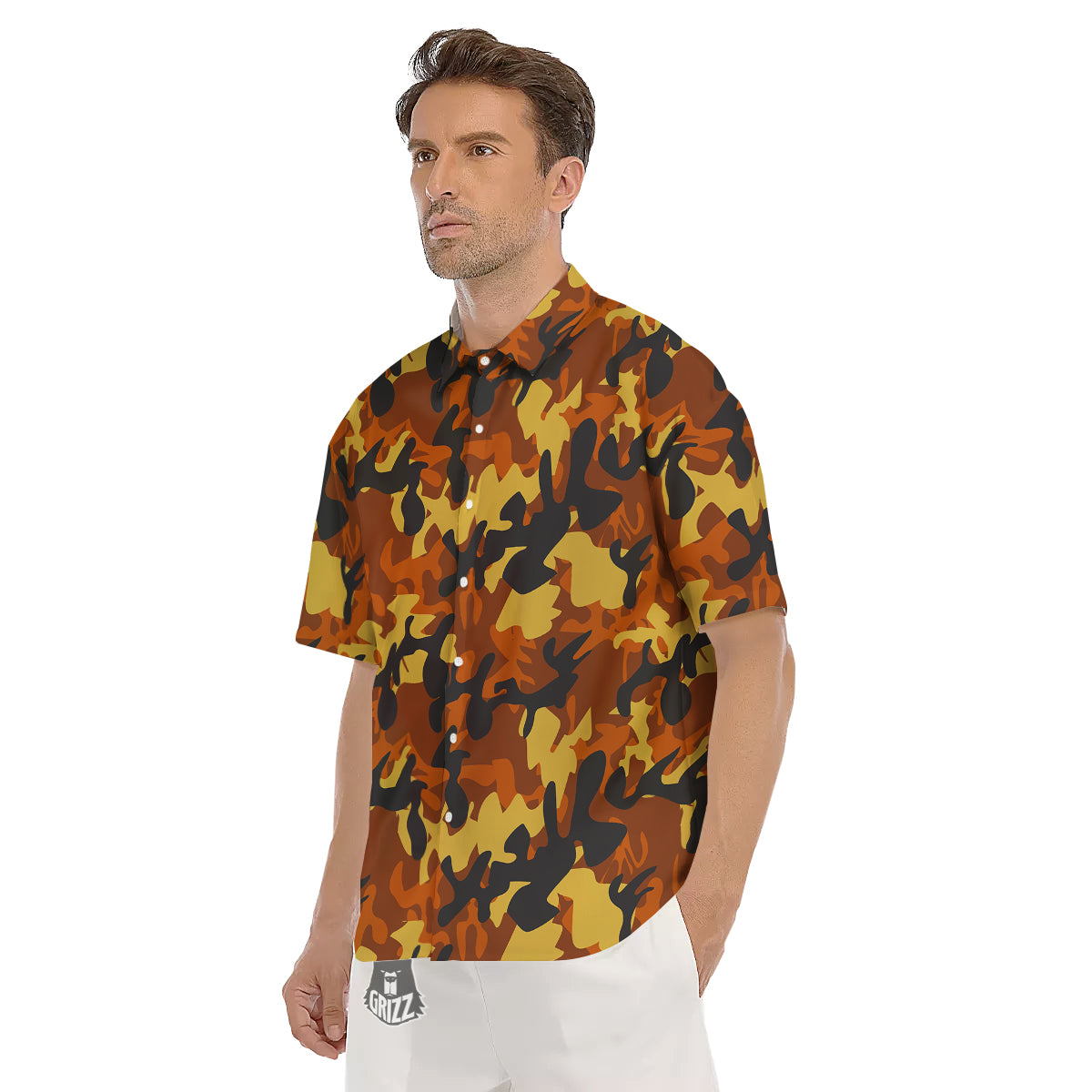 Brown Yellow And Black Camouflage Print Pattern Men's Short Sleeve Shirts-grizzshop