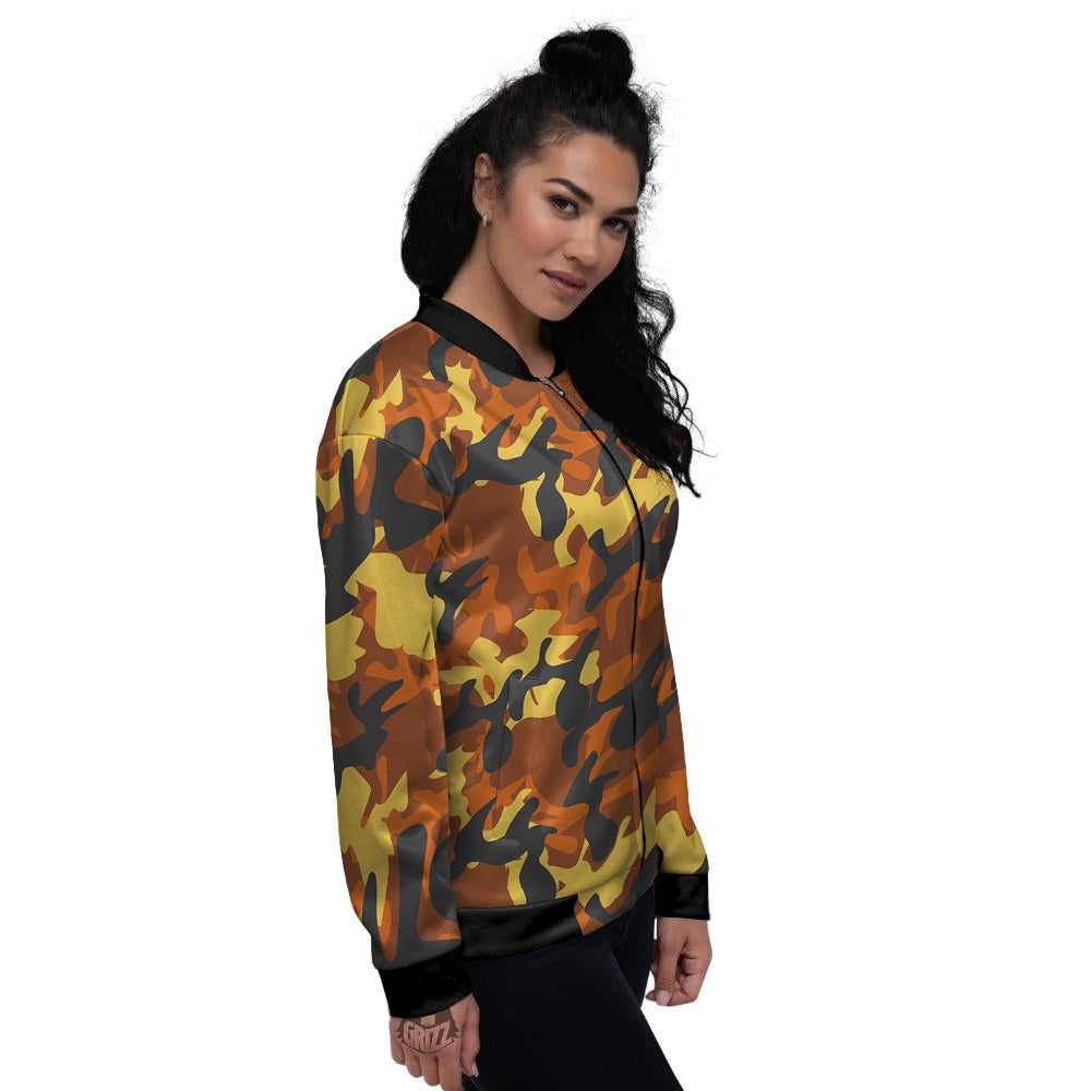 Brown Yellow And Black Camouflage Print Pattern Women's Bomber Jacket-grizzshop