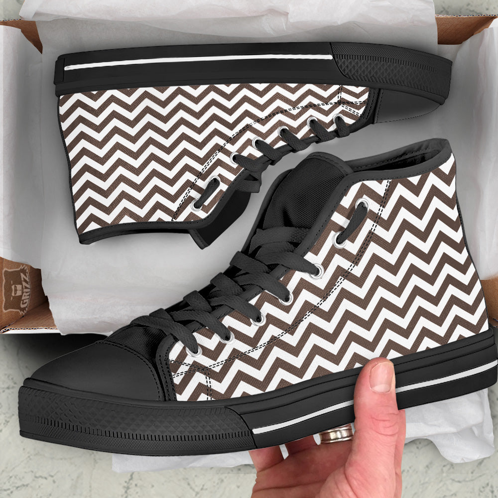 Brown Zigzag Print Pattern Black High Top Shoes-grizzshop