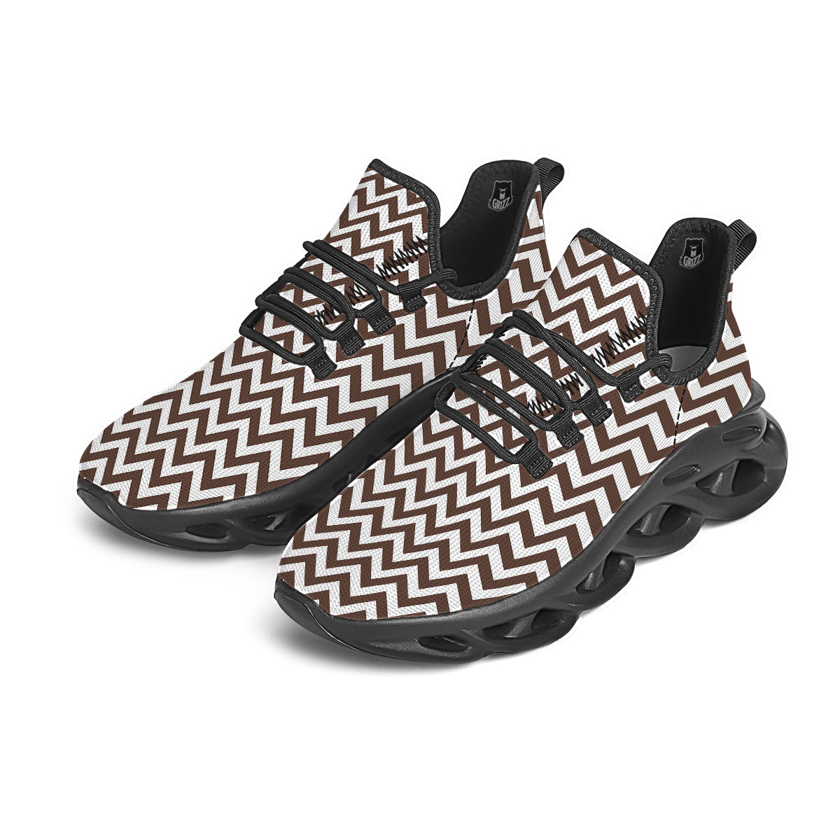 Brown Zigzag Print Pattern Black Running Shoes-grizzshop