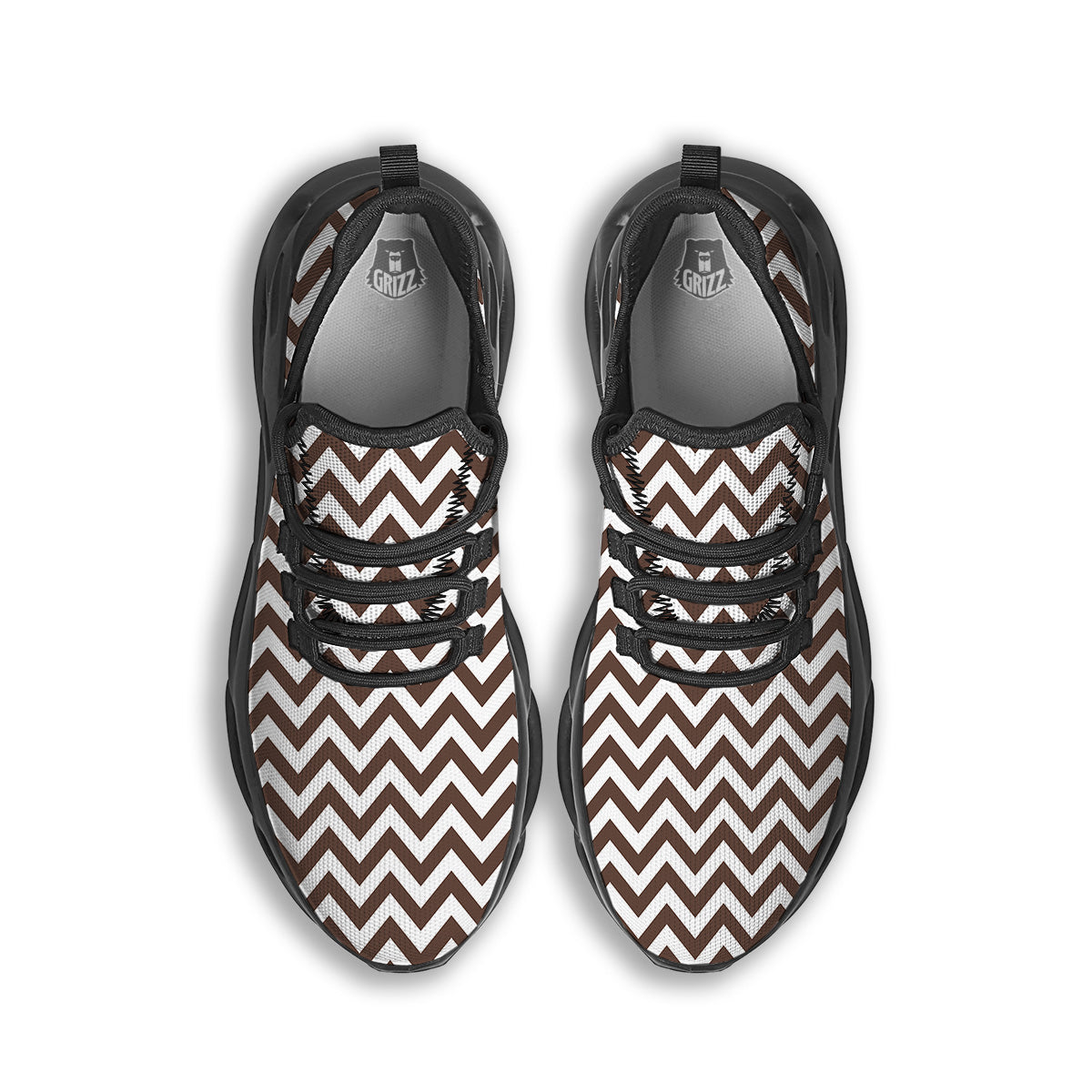 Brown Zigzag Print Pattern Black Running Shoes-grizzshop
