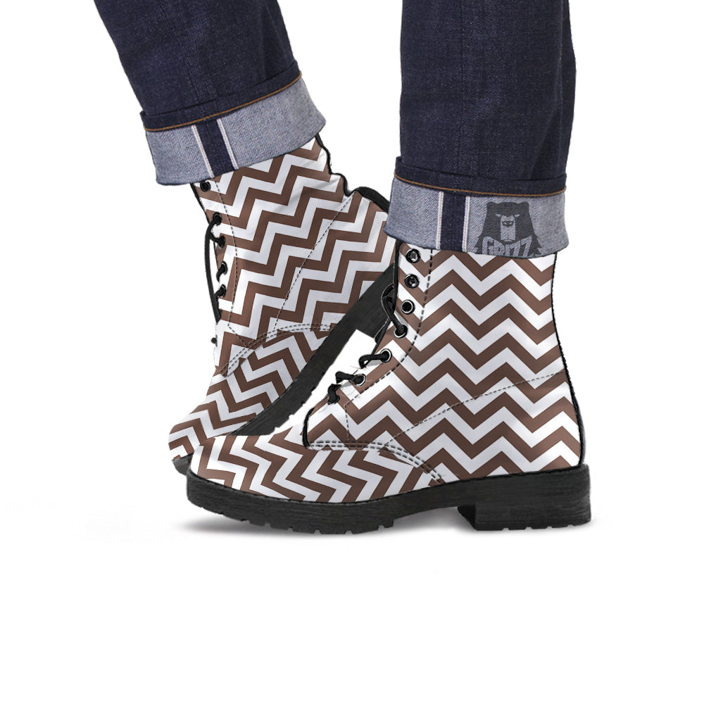 Brown Zigzag Print Pattern Leather Boots-grizzshop
