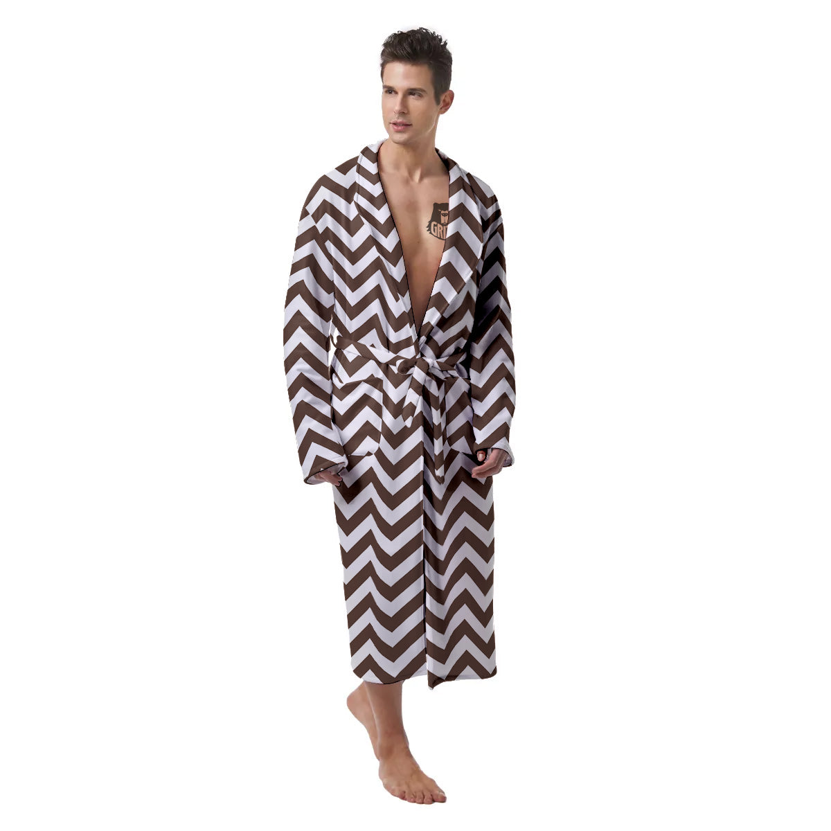 Brown Zigzag Print Pattern Men's Robe-grizzshop