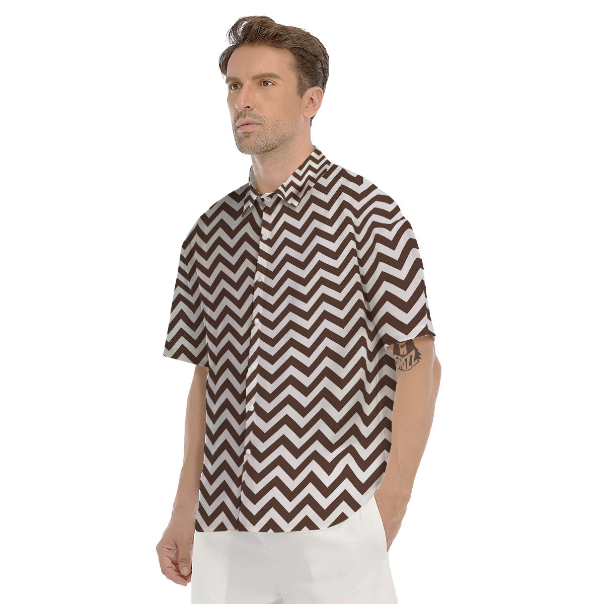 Brown Zigzag Print Pattern Men's Short Sleeve Shirts-grizzshop