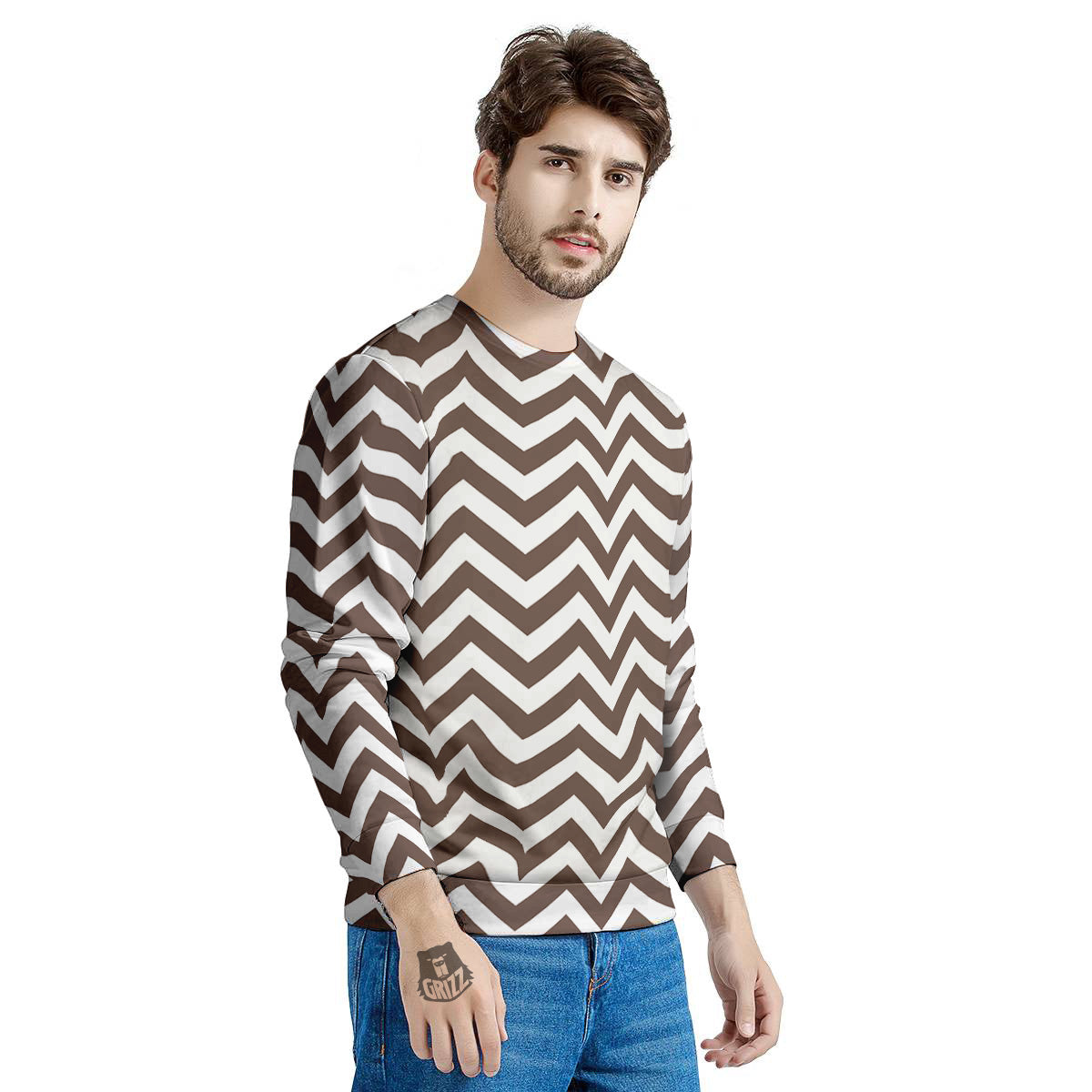 Brown Zigzag Print Pattern Men's Sweatshirt-grizzshop