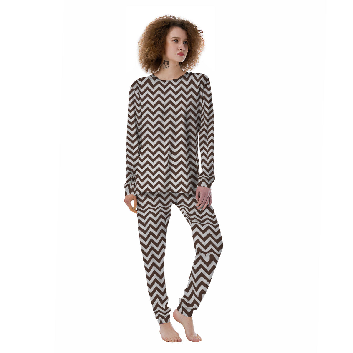 Brown Zigzag Print Pattern Women's Pajamas-grizzshop