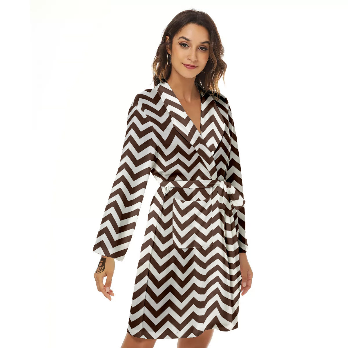 Brown Zigzag Print Pattern Women's Robe-grizzshop