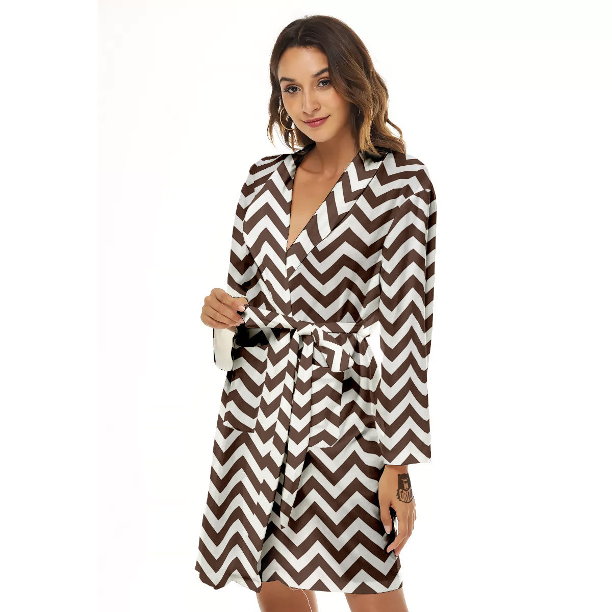Brown Zigzag Print Pattern Women's Robe-grizzshop