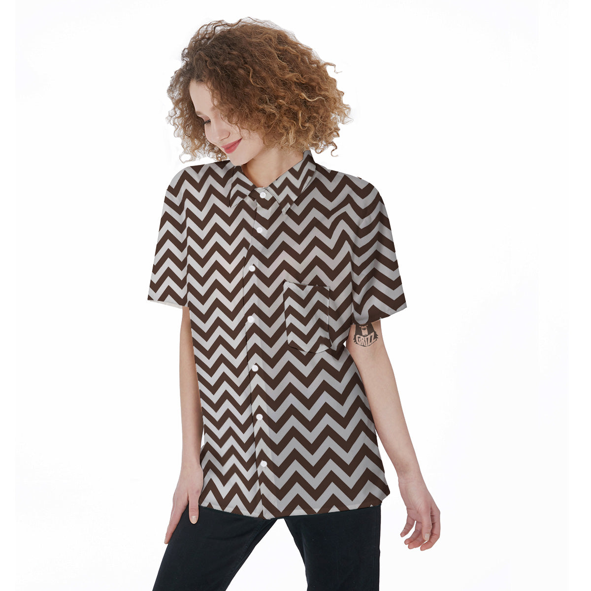 Brown Zigzag Print Pattern Women's Short Sleeve Shirts-grizzshop