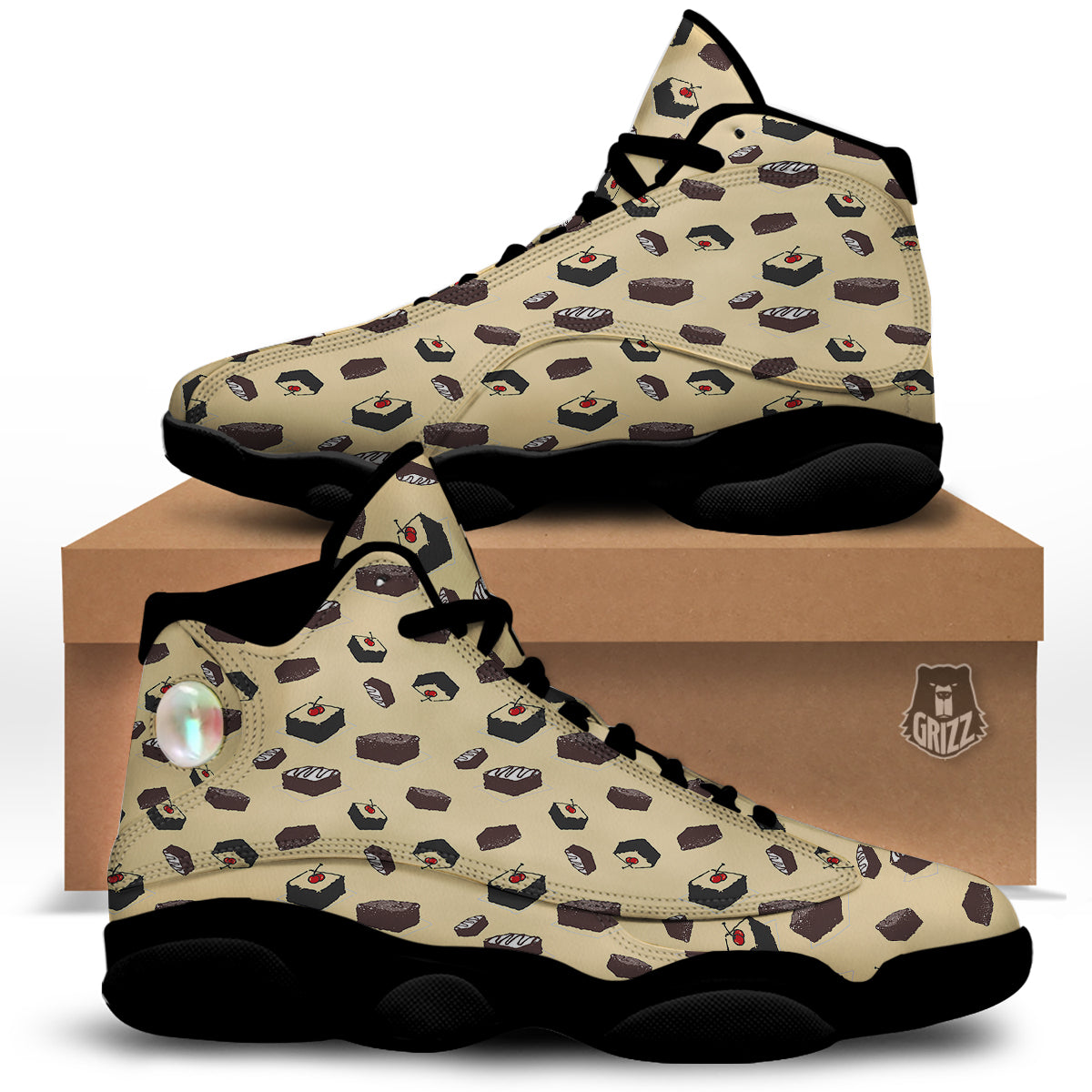 Brownie Beige Print Pattern Black Basketball Shoes-grizzshop