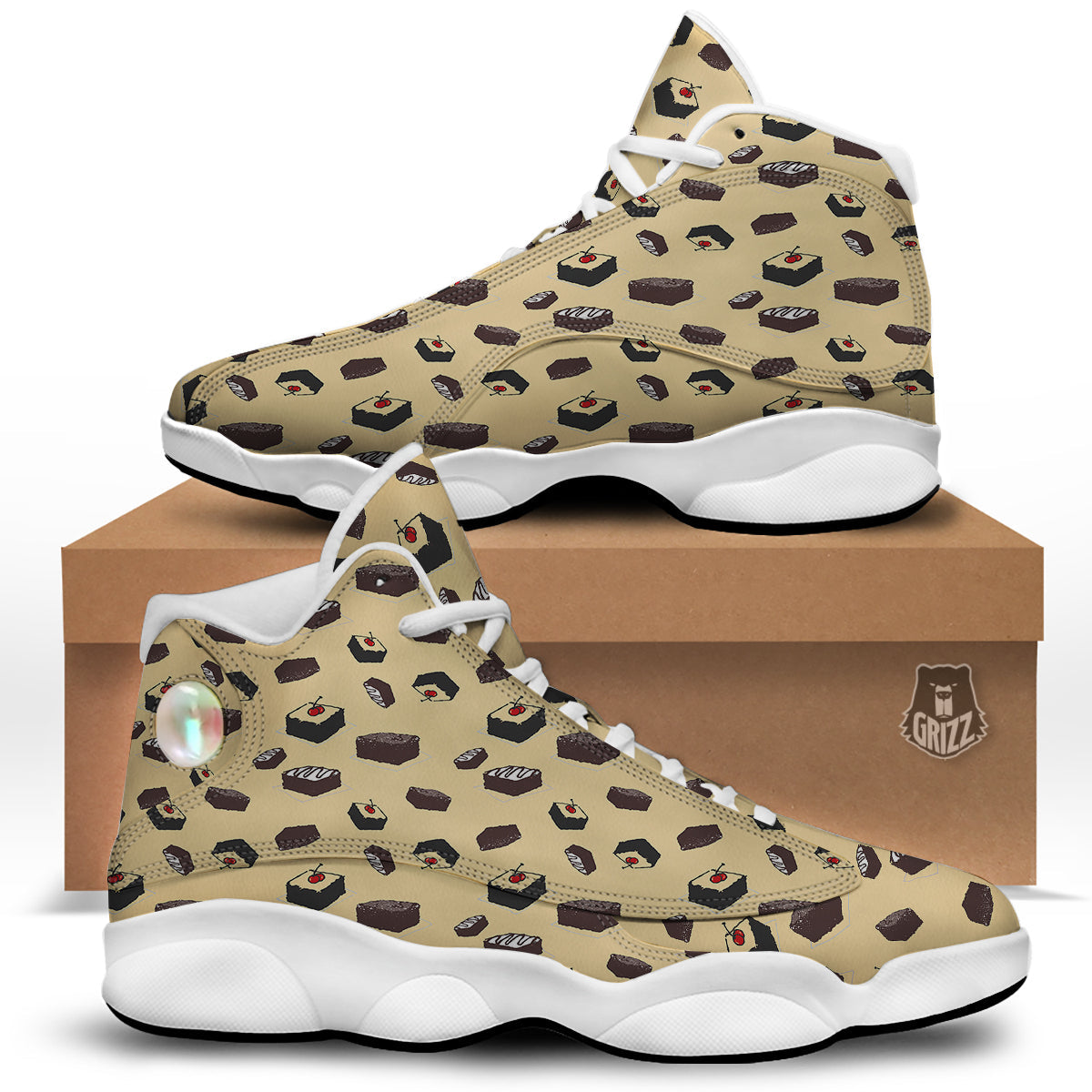 Brownie Beige Print Pattern White Basketball Shoes-grizzshop