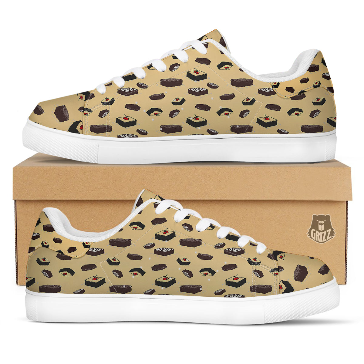 Brownie Beige Print Pattern White Low Top Sneakers-grizzshop