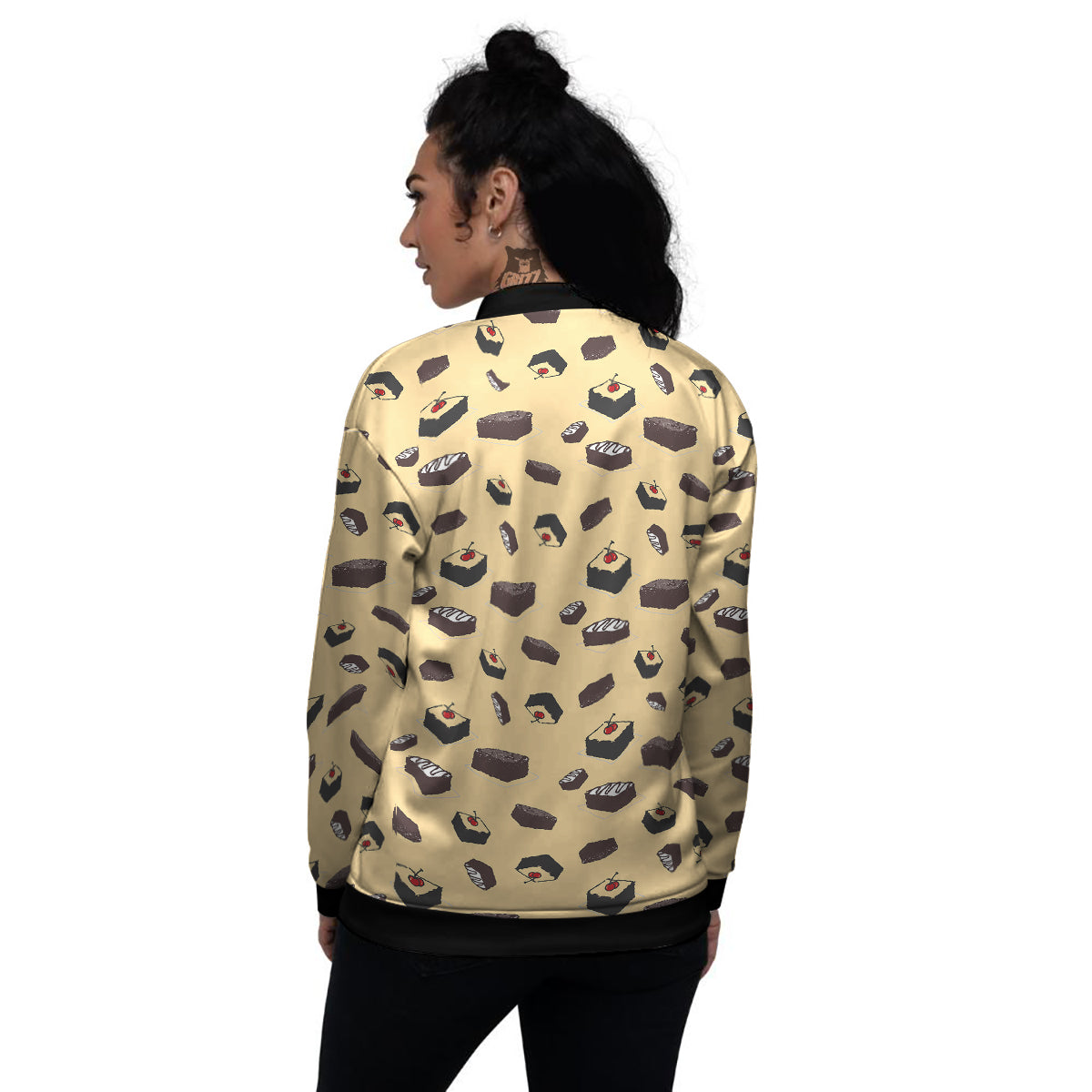 Brownie Beige Print Pattern Women's Bomber Jacket-grizzshop