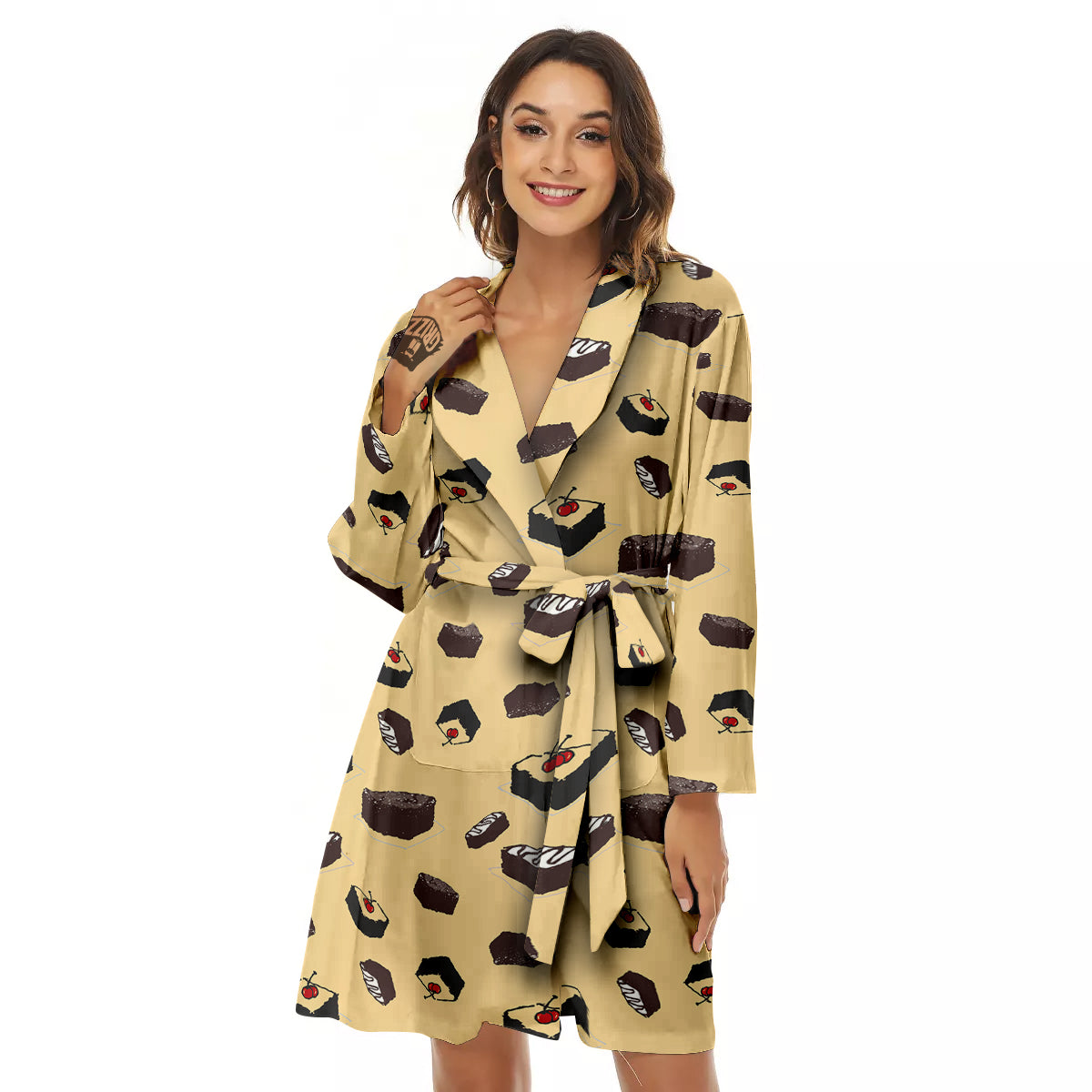 Brownie Beige Print Pattern Women's Robe-grizzshop