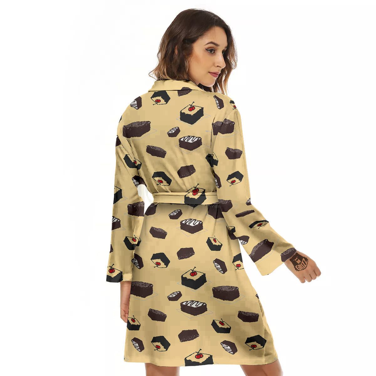 Brownie Beige Print Pattern Women's Robe-grizzshop