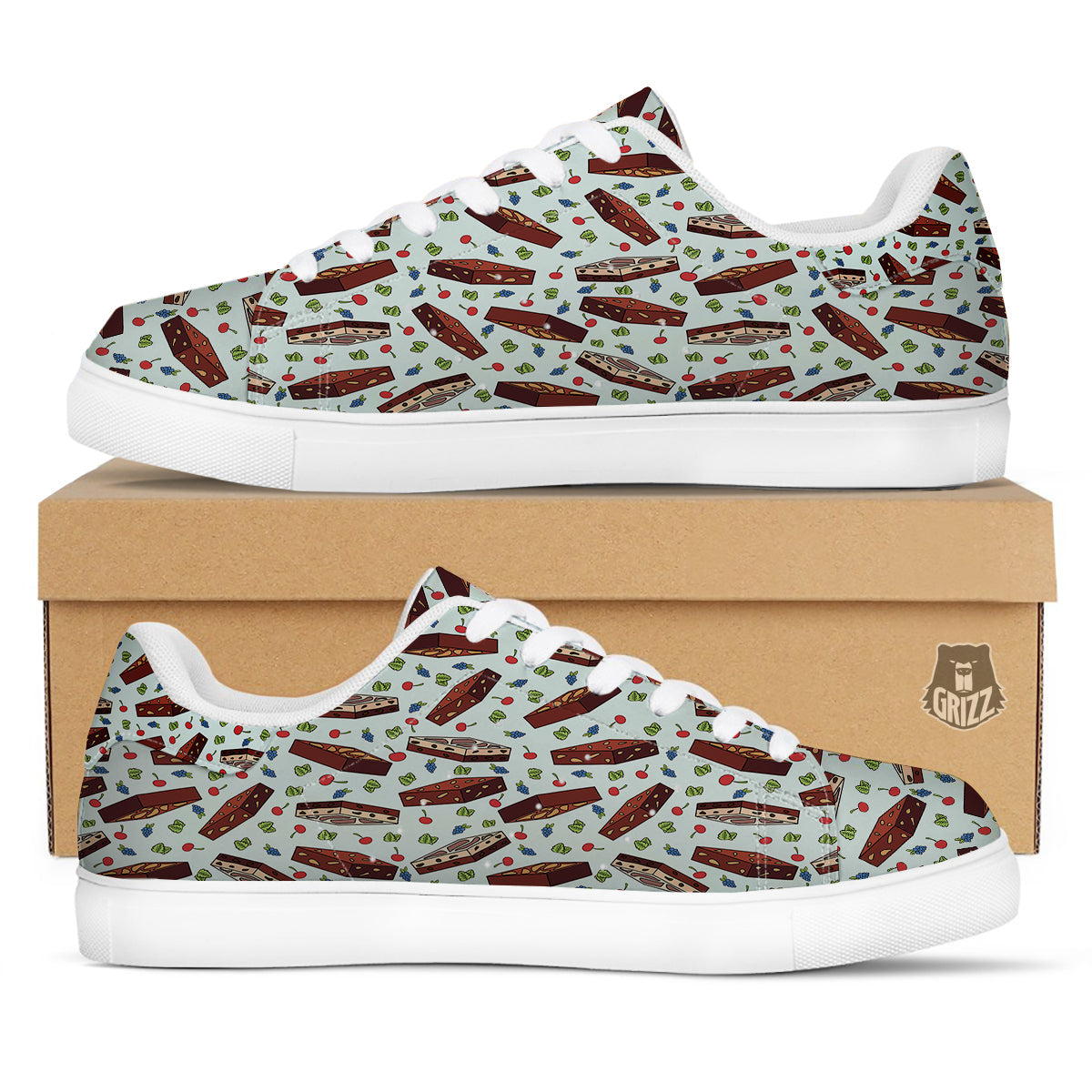 Brownie Brown Print Pattern White Low Top Sneakers-grizzshop