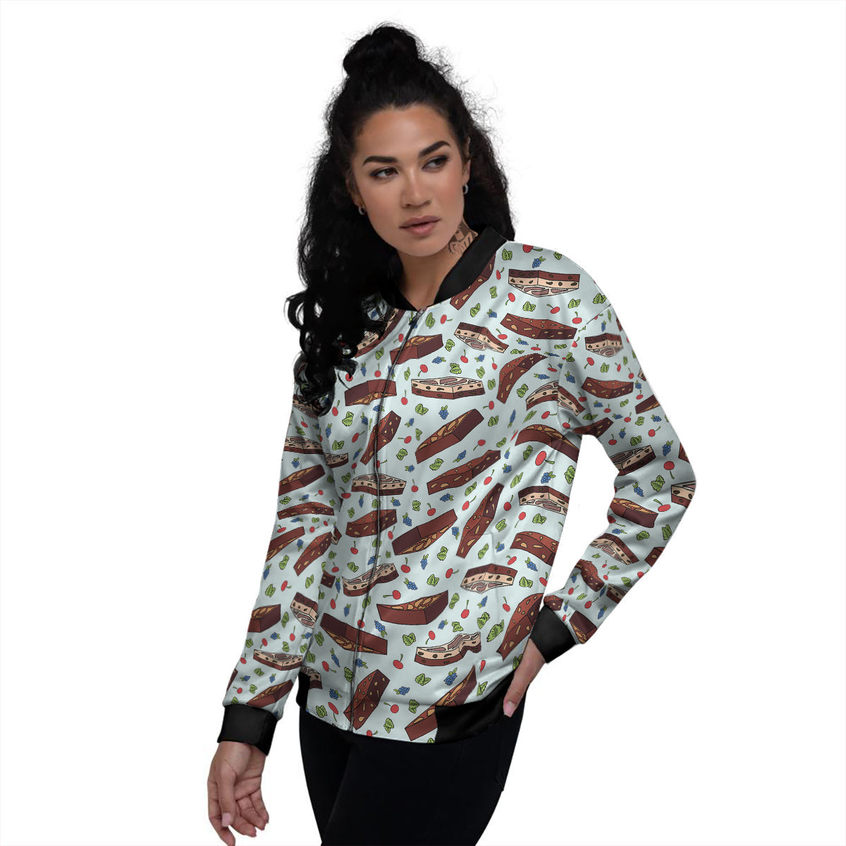Brownie Brown Print Pattern Women's Bomber Jacket-grizzshop