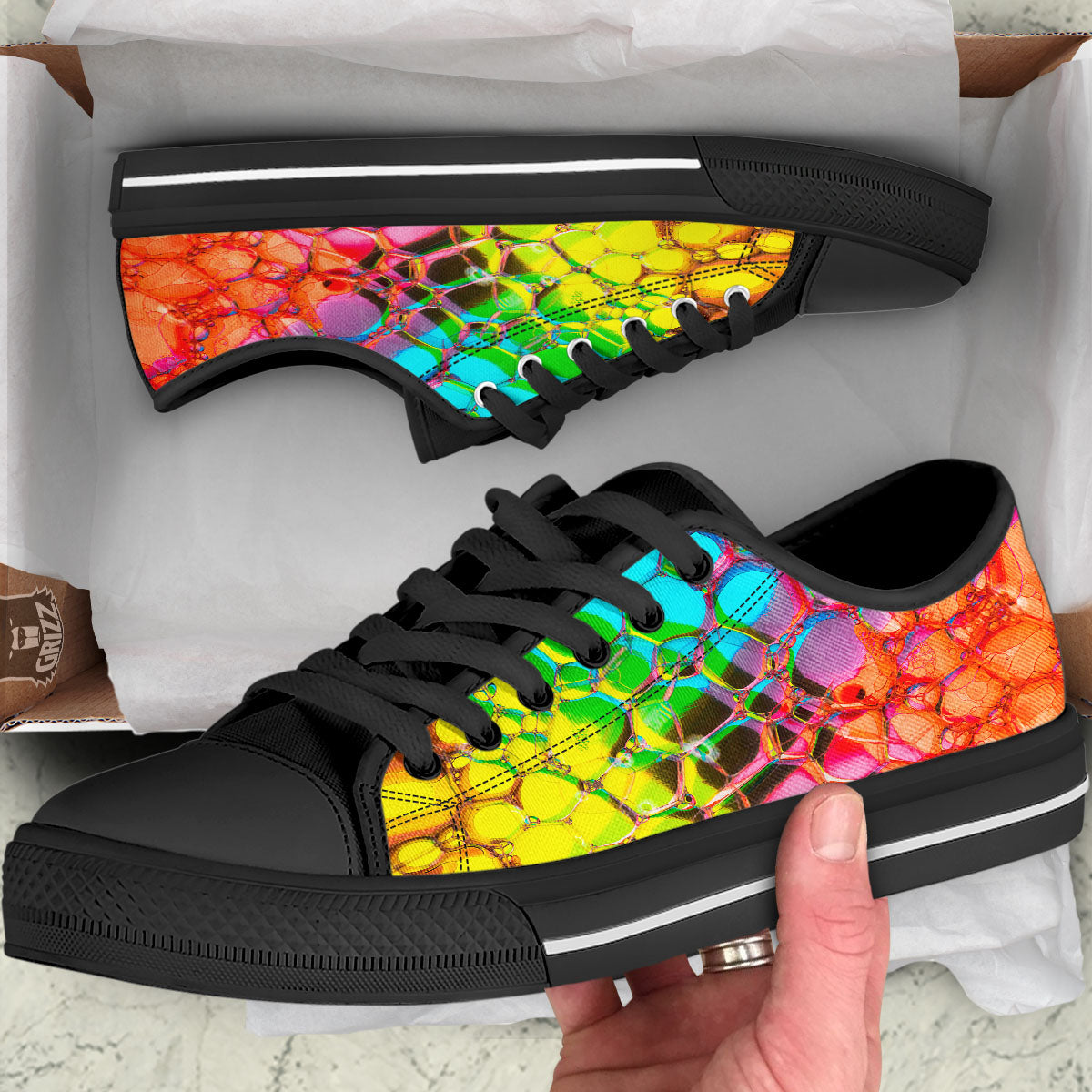 Bubble Soap Psychedelic Print Black Low Top Shoes-grizzshop