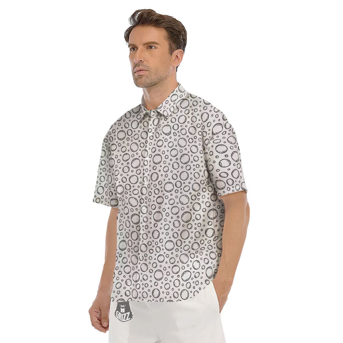 Bubble White And Black Print Pattern Men's Short Sleeve Shirts-grizzshop