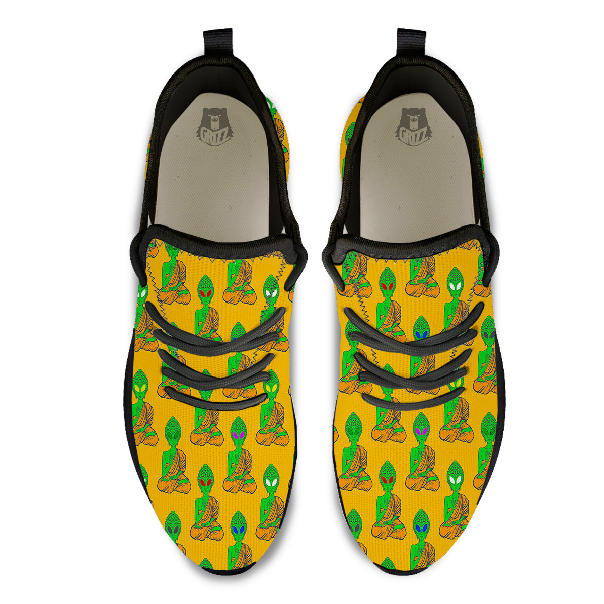 Buddha Alien Psychedelic Print Pattern Black Athletic Shoes-grizzshop