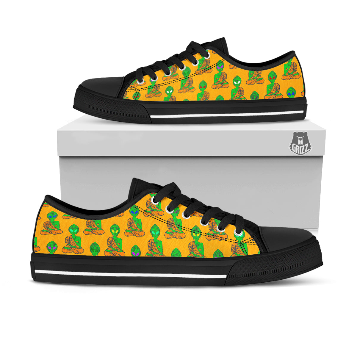 Buddha Alien Psychedelic Print Pattern Black Low Top Shoes-grizzshop