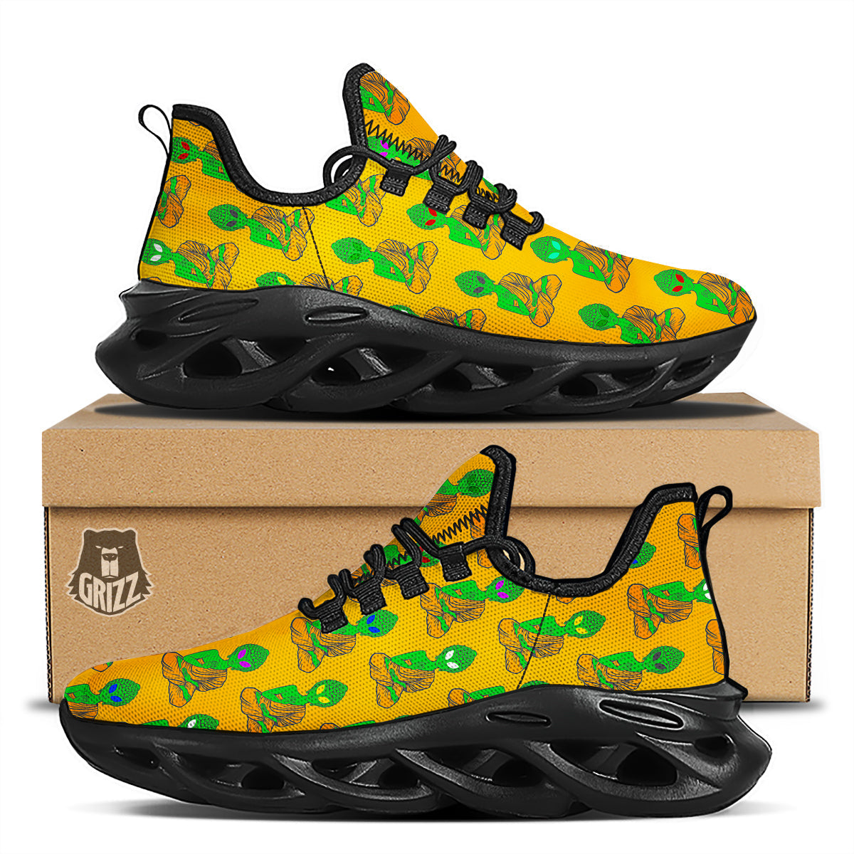 Buddha Alien Psychedelic Print Pattern Black Running Shoes-grizzshop